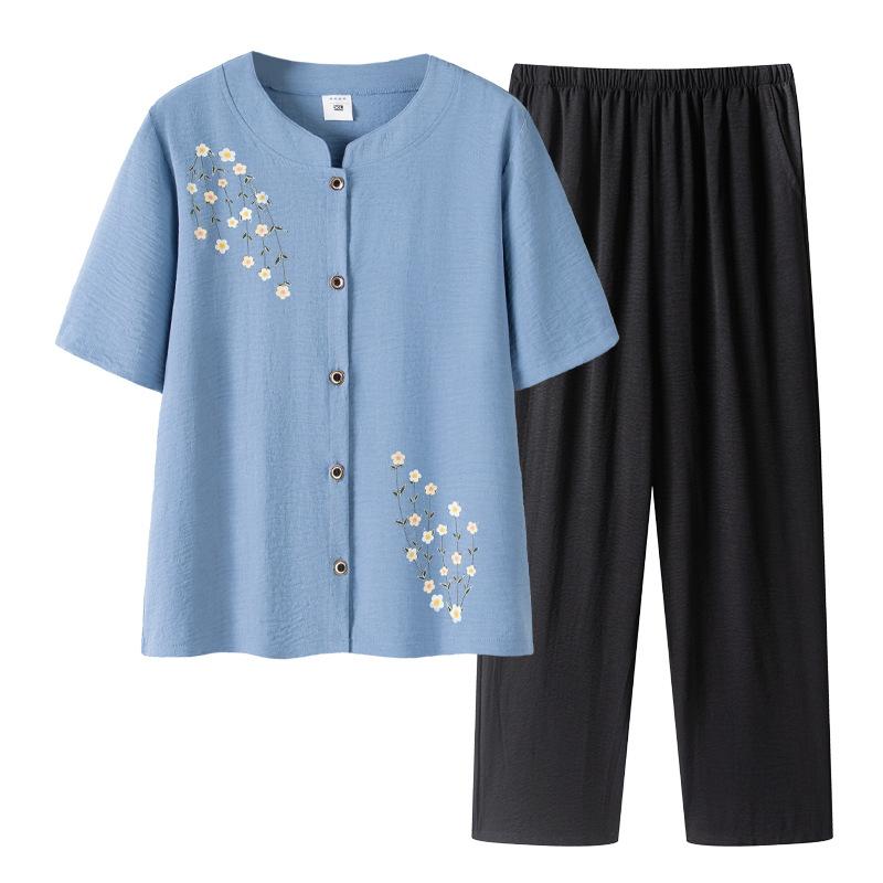 Women's 2 Piece Summer Outfit Short Sleeve Floral Embroidery Button Blouse & Elastic Waist Pants Set Casual Loungewear
