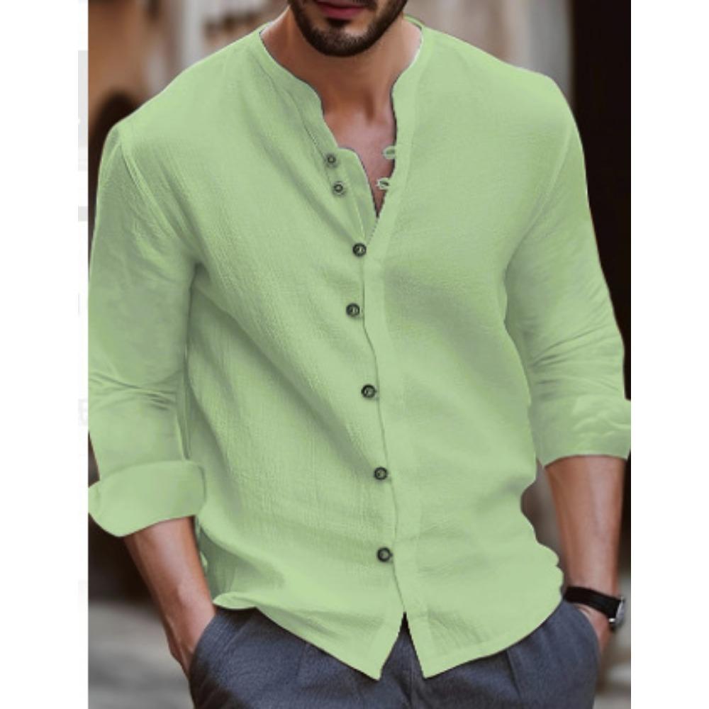 Men's Solid Color Cotton Linen Casual Button Long Sleeved Shirt