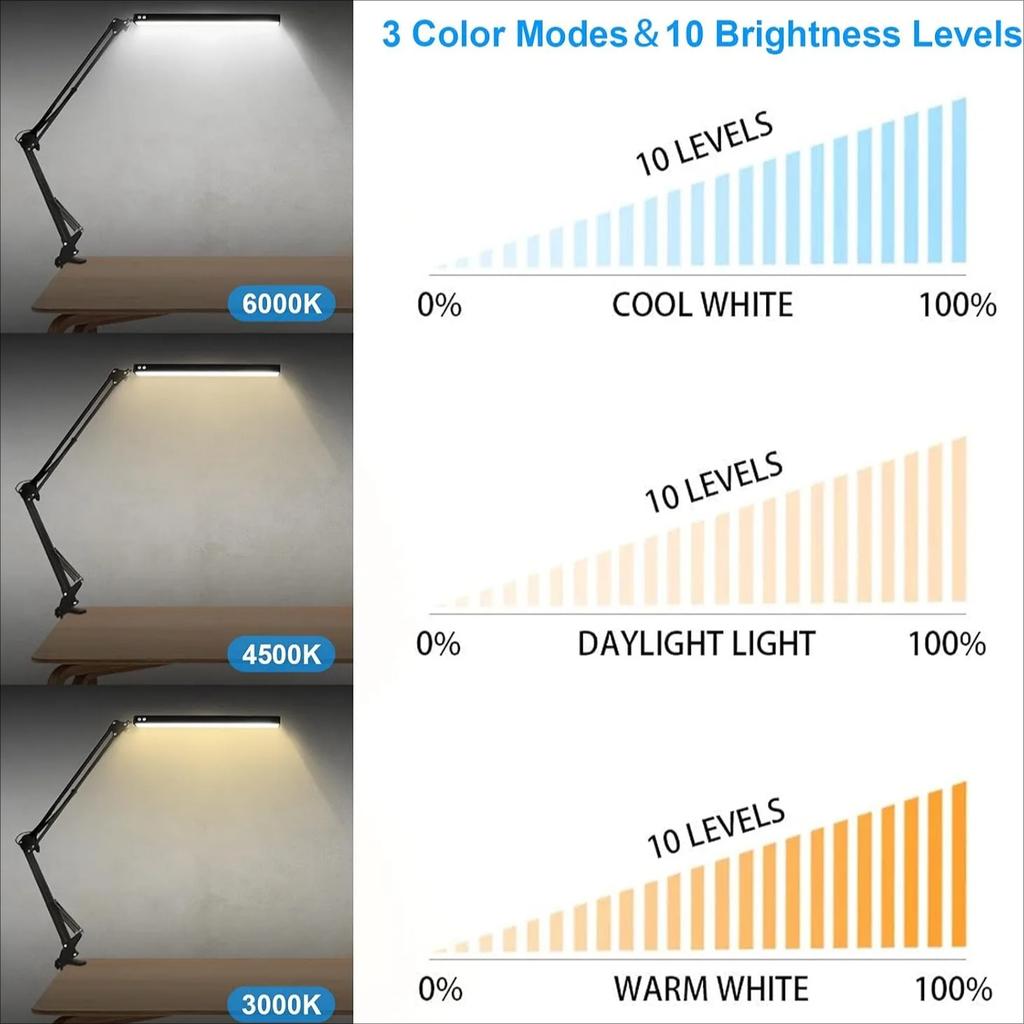 LED Folding Metal Desk Lamp Clip On Light Clamp Long Arm Diming Table Lamp 3 Colors Adjustable For Living Room Reading Computers