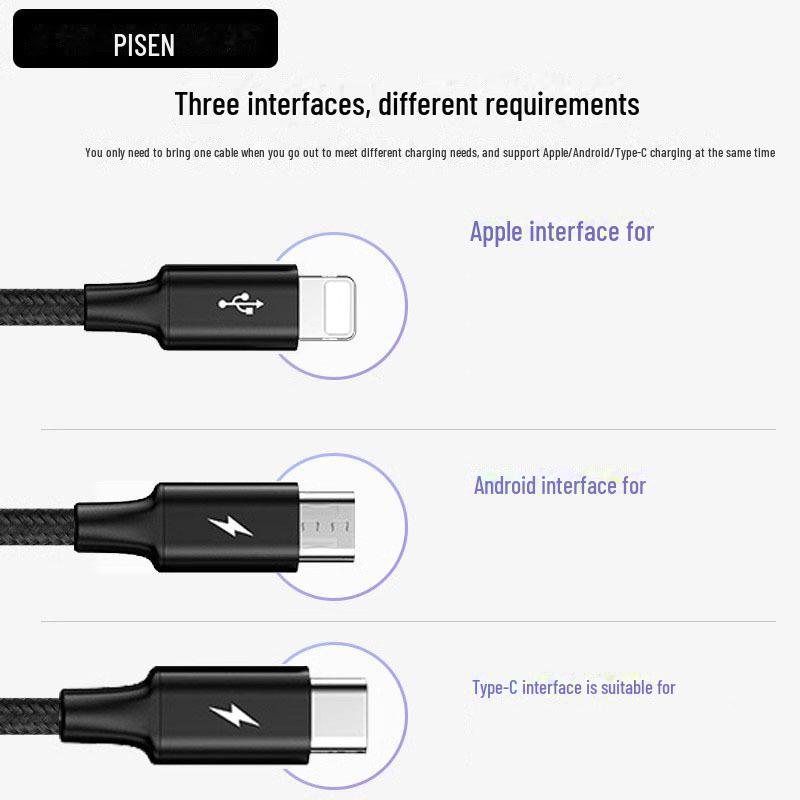PISEN 66W Кабель для быстрой зарядки 3-в-1 для устройств Apple и Android