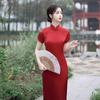 Elegant Slim Cheongsam Dress In Thickened Imitation Silk with Heavy Acetic Acid Satin – Red, Black, Green for Daily or Bridal Wear