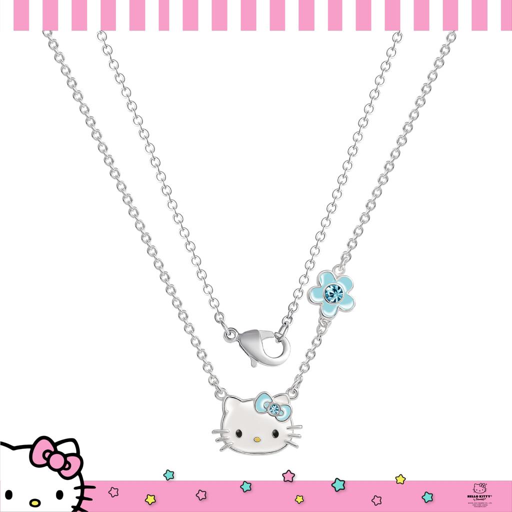 SALLY ROSE Sanrio Hello Kitty Birthstone Necklace Silver Plated Hello Kitty Necklace with Birthstone Officially Licensed Crystal 18" - Product, Brass,
