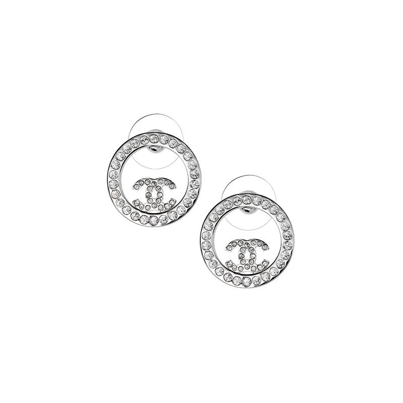 Chanel Супер блестящие круглые серебряные серьги с кристаллами Double C для женщин Серебряные