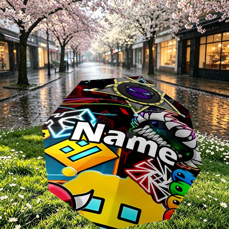 Custom Name Personalized Geometry Dash Print Umbrella, Auto Open Close, 8‑Rib Sturdy Frame, Commute Camping Hiking Use, Birthday Gift