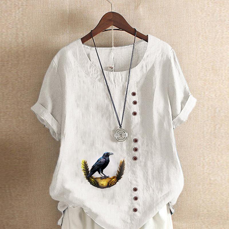 Women's Fashion Round Neck Short Sleeve T-shirt Casual Cotton Linen Graphic Shirt Leisure Loose Crow Prined Summer Blouse Tops