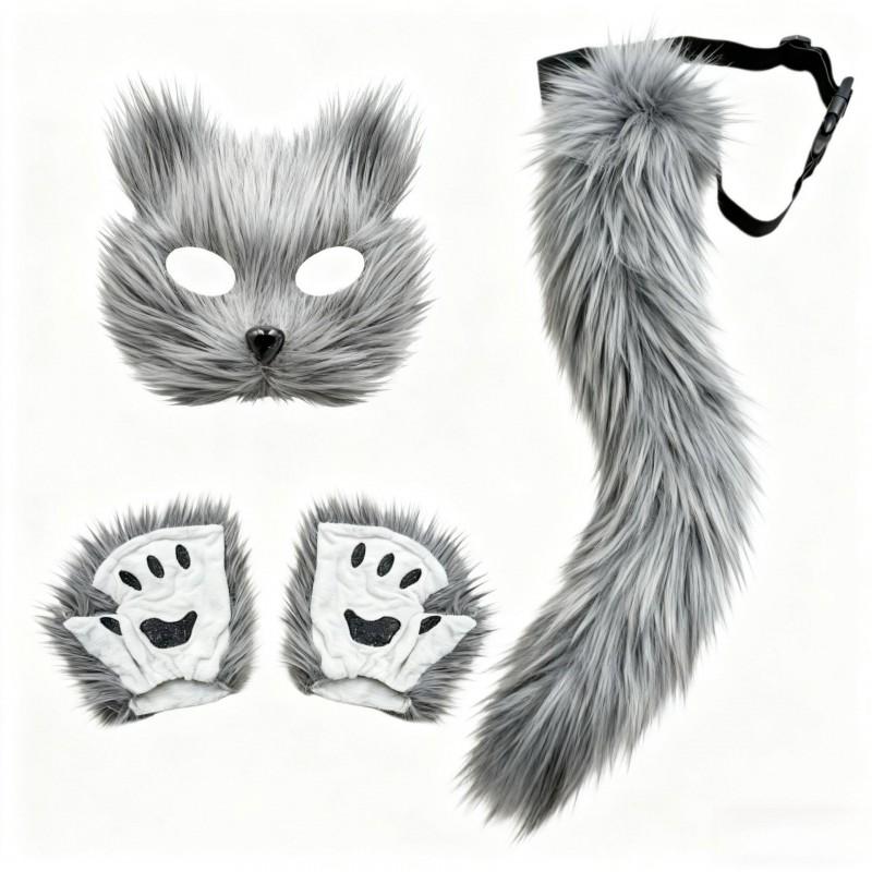 Halloween Cosplay Set Women Cute Cat Mask Plush Claw Gloves Fox Tail Accessories