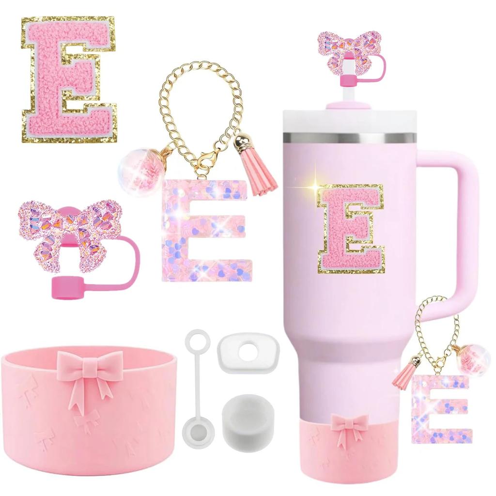 7PCS Pink Accessories for Stanley Cup 30/40 Oz Tumbler with Handle Bow Straw Topper Cover Cap Boot Initials Charm Letter Sticker