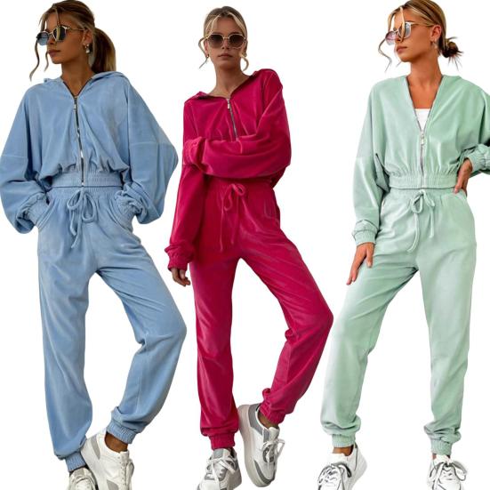 2 Pcs/Set Women Coat Pants Suit Hooded Zip-up Long Sleeve Short Top Elastic Hem And Waist Ankle-banded Pockets Trousers Winter Daily Wear Tracksuit