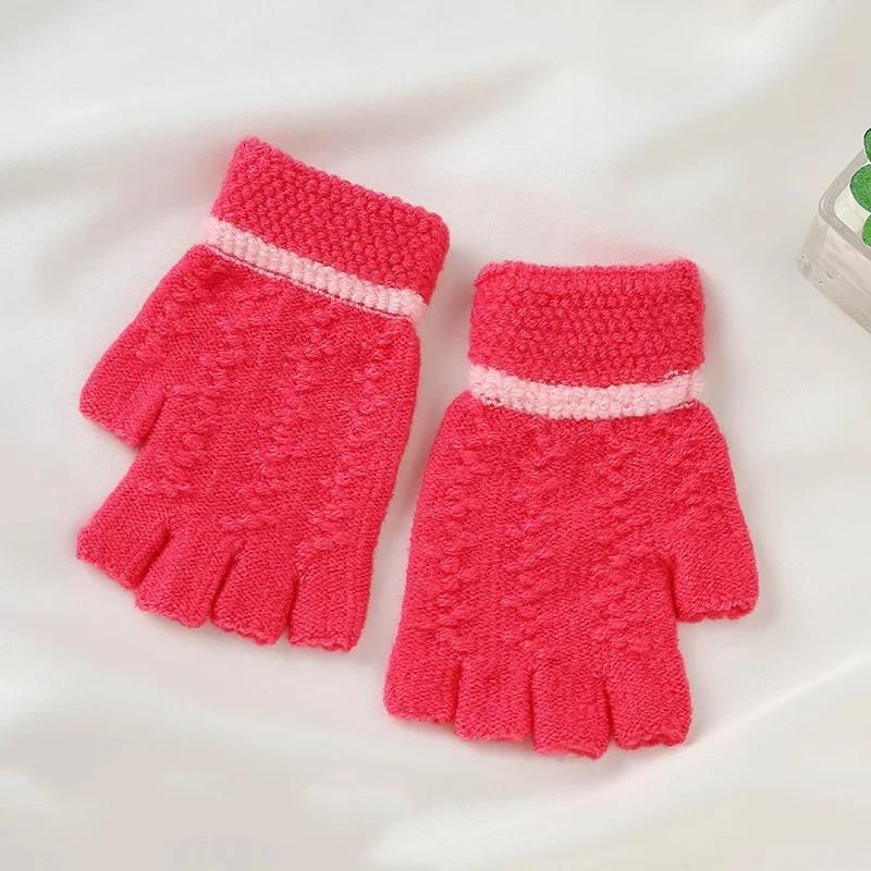 Теплые перчатки с полупальцами для детей, жаккардовые вязаные перчатки для письма, зимние студенческие теплые перчатки для мальчиков и девочек