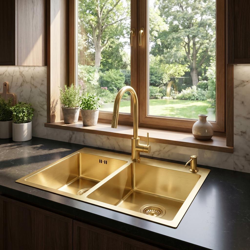 Toby Gold Brushed Double Bowl Inset Sink 56x48cm