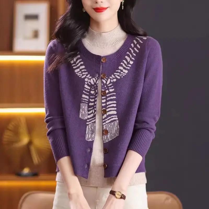 Autumn Winter Mother's Fashion Base Pullover New Loose Sweater Top Fake Two-piece Knitted Cardigan Fashionable