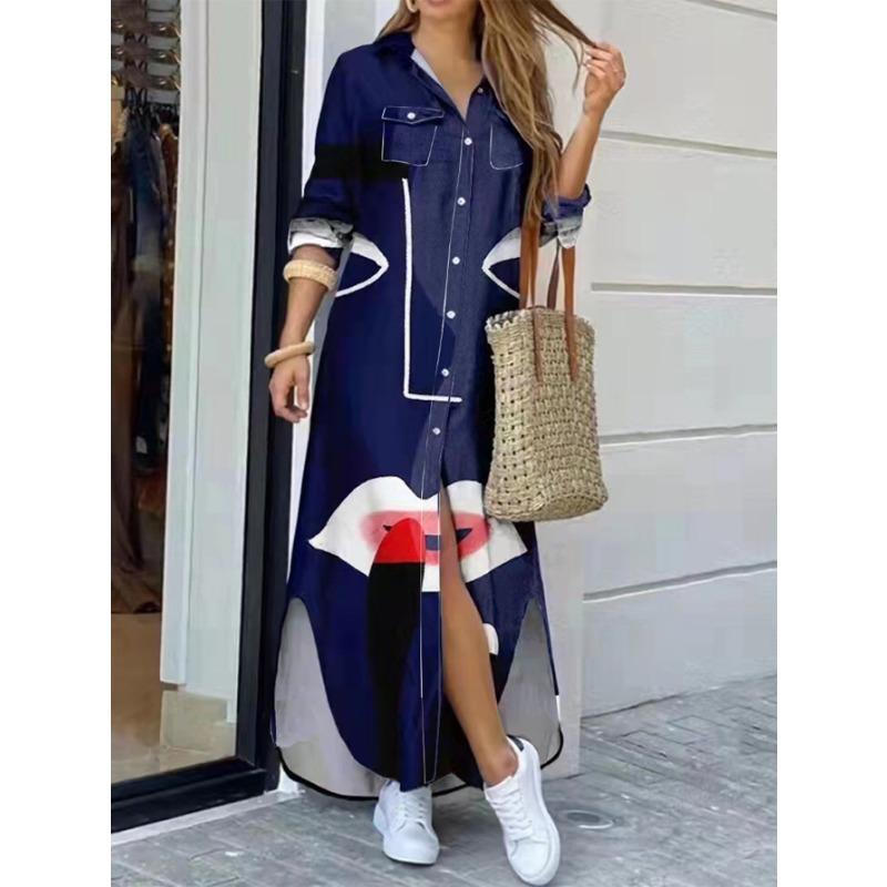 YYFS Women's Fashion Spring Fall Colour Block Print Long Sleeve POLO Neck Loose Waistline Casual Dresses