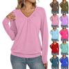 Women's Casual Fashion V-Neck Raglan Pleated Solid Color Long Sleeve Top
