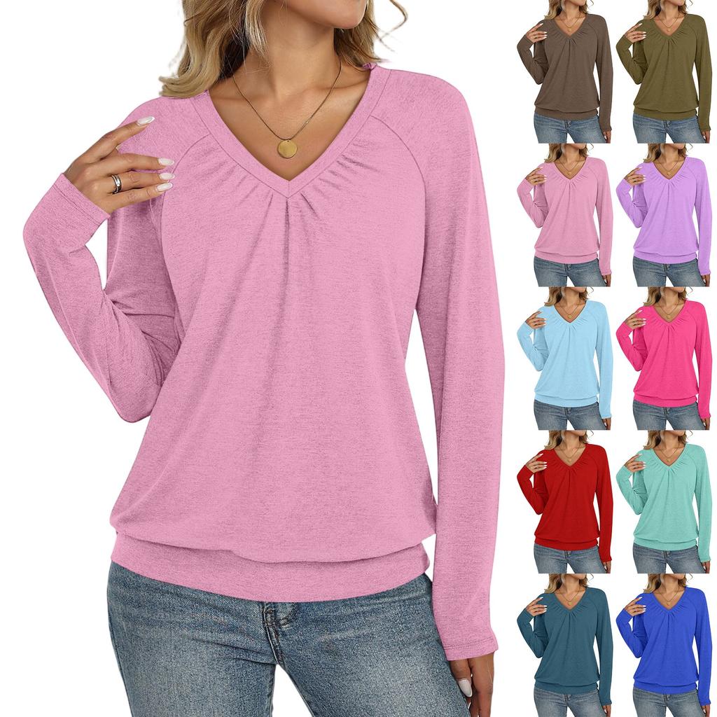 Women's Casual Fashion V-Neck Raglan Pleated Solid Color Long Sleeve Top