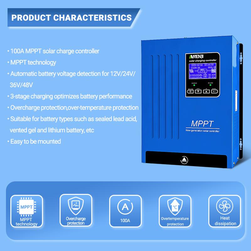 ANENJI 100A MPPT Solar Charging Controller 12V/24V/48V Battery Charger Automatic Maximum Power Tracking Solar Regulator