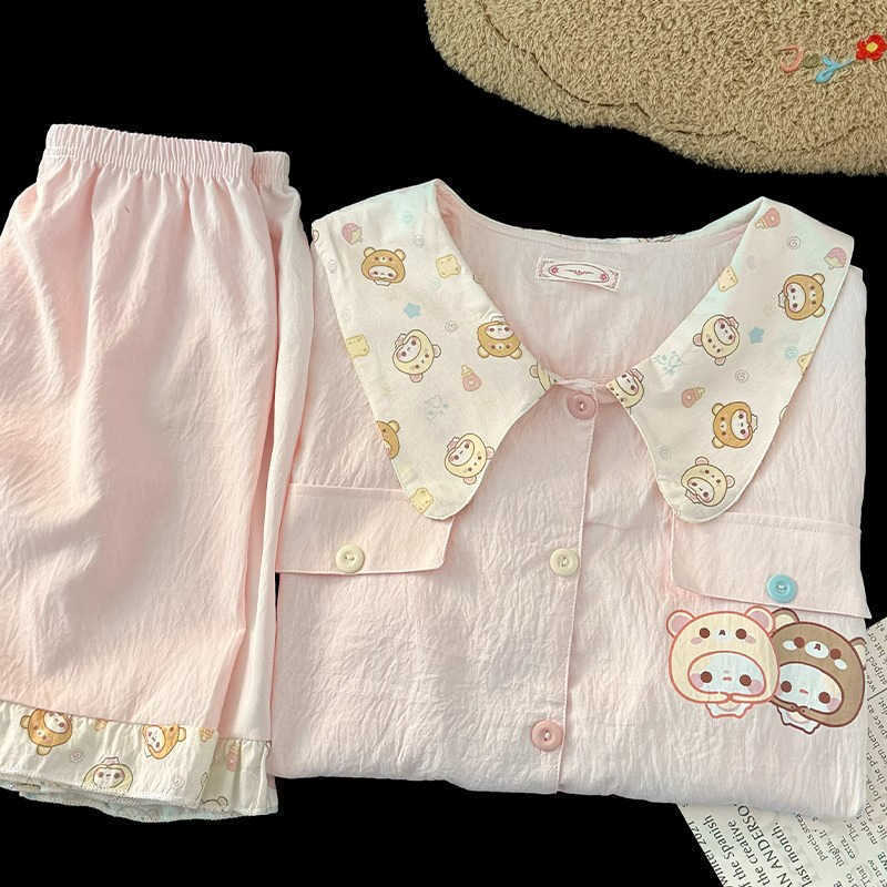 Cute pink doll collar relaxed bear pajamas women's summer short-sleeved shorts two-piece set girl princess style loungewear