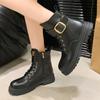 Мода 2024 Новые Осенне-зимние Женские Модные Ботинки на Толстой Подошве в Британском Стиле на Толстом Каблуке с Металлической Пряжкой на Шнуровке