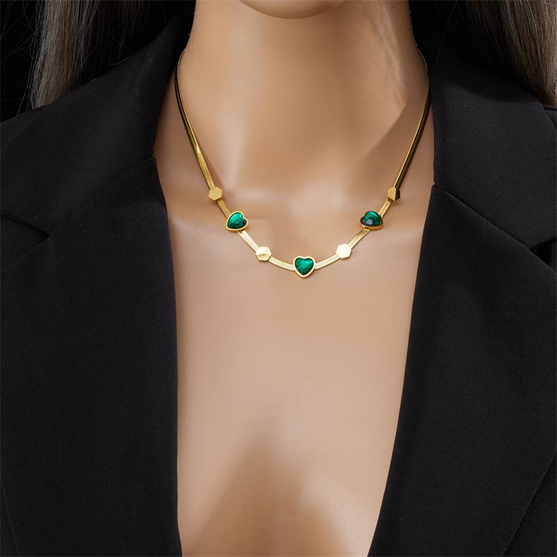 DIEYURO 316L Stainless Steel Green Heart Crystal Pendant Necklace Earrings For Women Girl New Trend Non-fading Jewelry Set Party