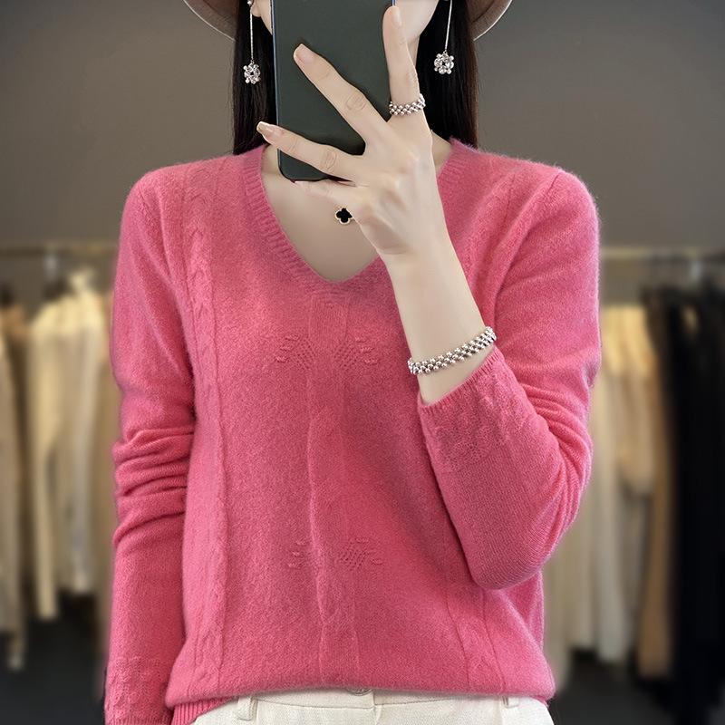 INDFS Женская мода Повседневный Осень Зима Однотонный Принт Длинный Рукав V-образный Вырез Свитера