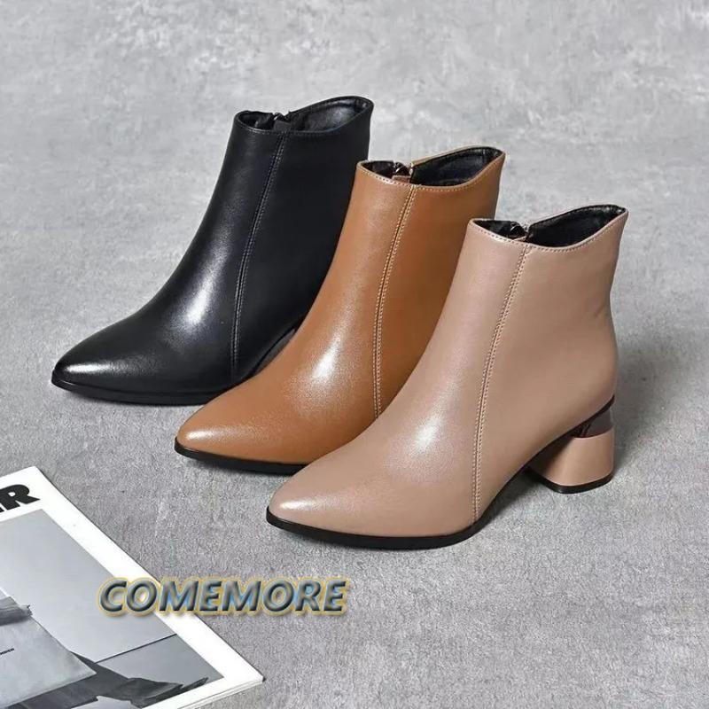 Удобная женская обувь, ботинки, женская зимняя обувь, мода 2025 года, классика, заостренный конец, кожа, искусственная кожа, женская осенняя повседневная обувь