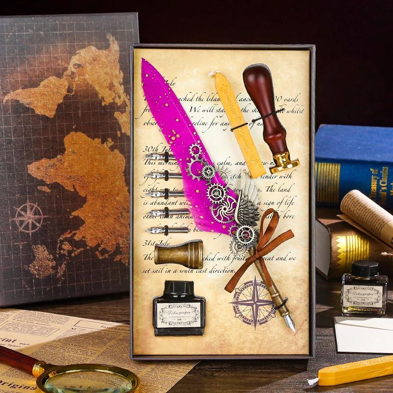 Luxury Fountain Pen Set Vintage Sprinkling Gold Feather Pens Ink Bottle Calligraphy Writing Dip Pen-s Birthday Gift 5 Nib Quill