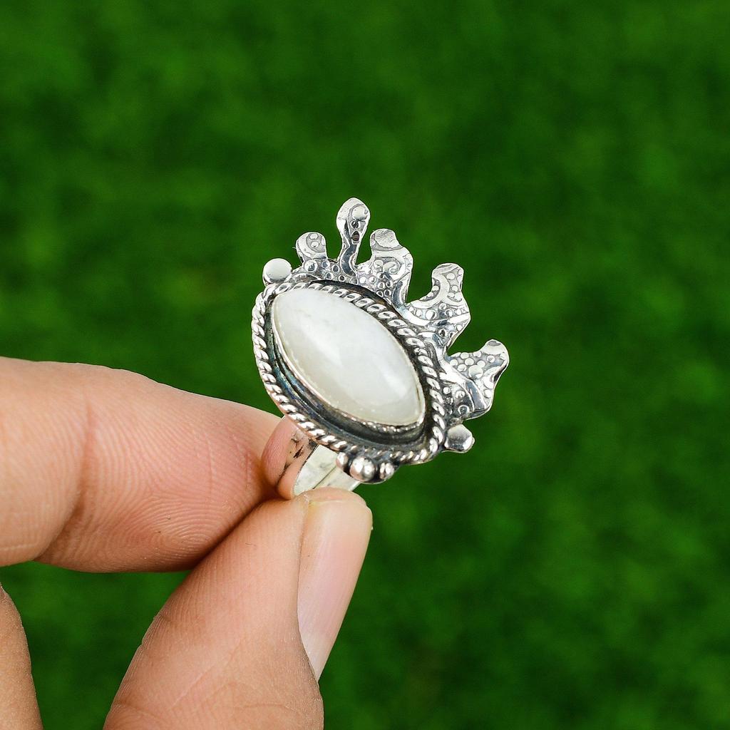 Gift For Her Natural Rainbow Moonstone Stackable Adjustable Ring 925 Silver