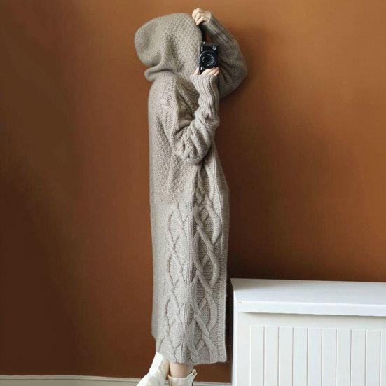 Women Winter Sweater Coat Knitted Thick Hooded Long Sleeve Mid-calf Length Loose Cardiagn Open Stitch Solid Color Soft Oversized Midi Autumn Jacket