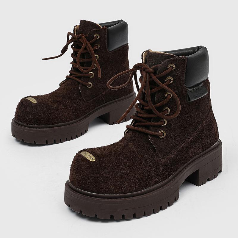 Big Head Men'S Boots Couple Versatile Outdoor Big Yellow Boots British Style Thick-Soled Medium Tube Casual Height Increasing Flipping Martin Boots