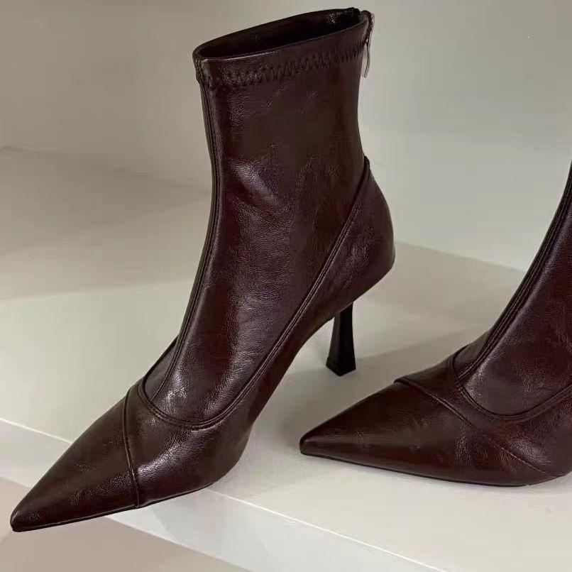 Exceptional temperament French thin pointed women's boots short high heels fashion boots rear zipper thin short boots