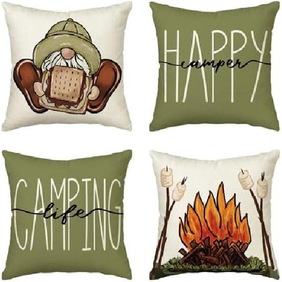 AVOIN colorlife Happy Camper Camping Life Throw Pillow Covers 18x18 Set of 4, Gnome S'More Campfire Decoration for Sofa Couch