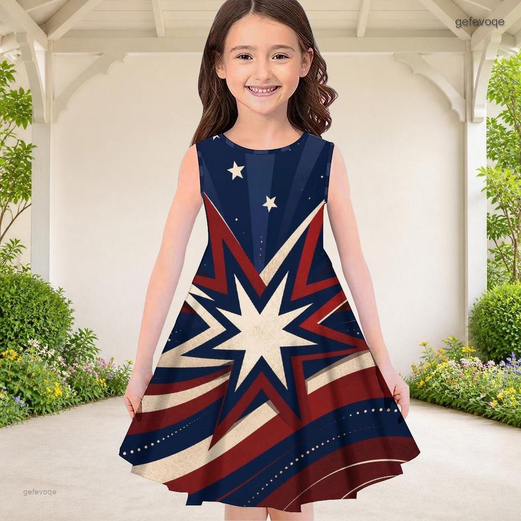 Little Girls Round Neck Sleeveless White Printed A Line Flared Dress