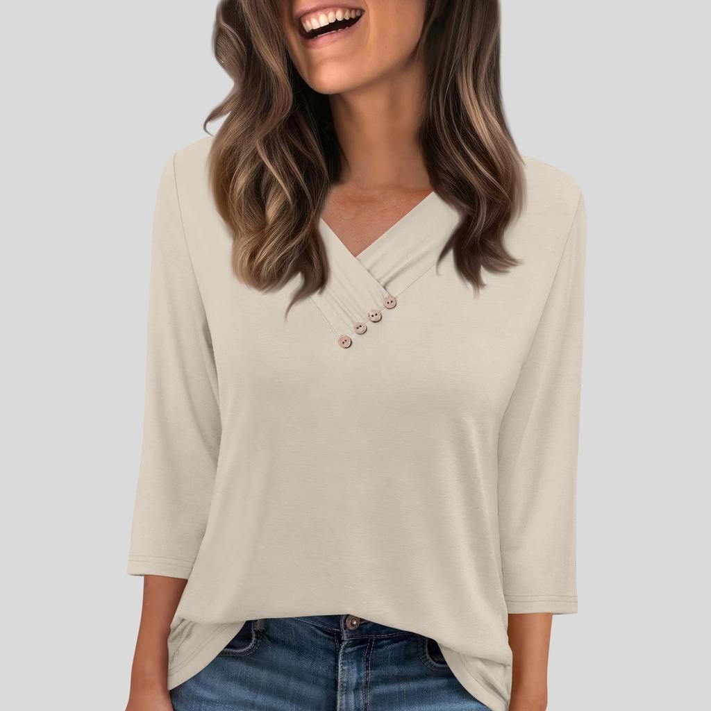 Женская футболка, футболка, пуговица, рукав 3/4, туника, повседневная, для выходных, модная, базовая, с V-образным вырезом, обычный топ