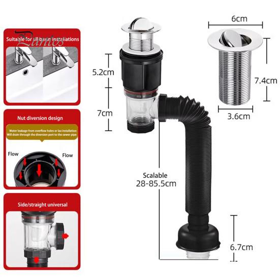 Комплект сливного отверстия для раковины в ванной с гибким расширяемым P-образным сифоном, герметичным, предотвращающим появление запахов, простая установка, гибкий комплект сливных труб для раковины