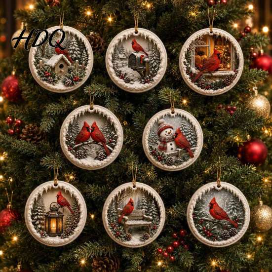 Festive Hanging Decor Acrylic Christmas Red Bird Ornament Snow Scene Pattern Xmas Tree Nature Inspired Seasonal Decorations Decor Retro Round