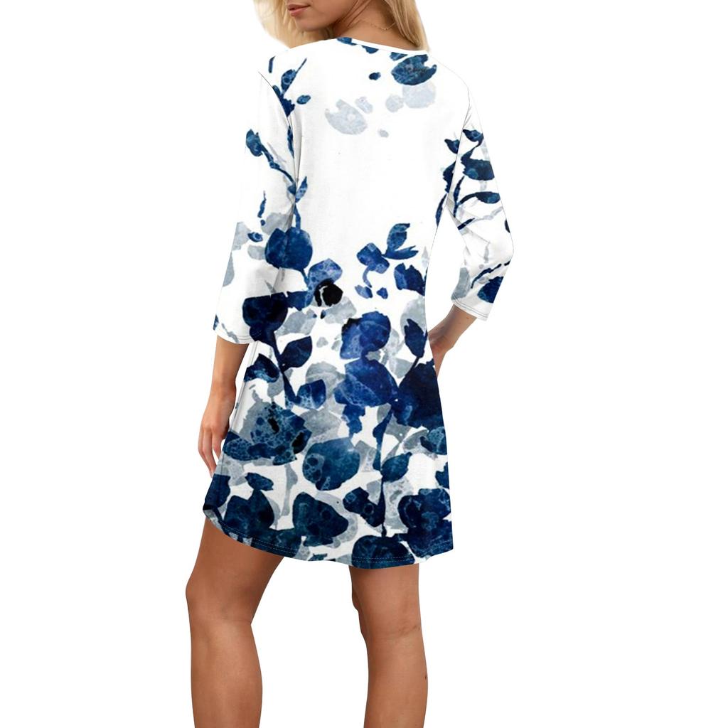 Women's Summer Dress Loose V Neck Three-quarter Sleeve Sundress With Pockets Dress