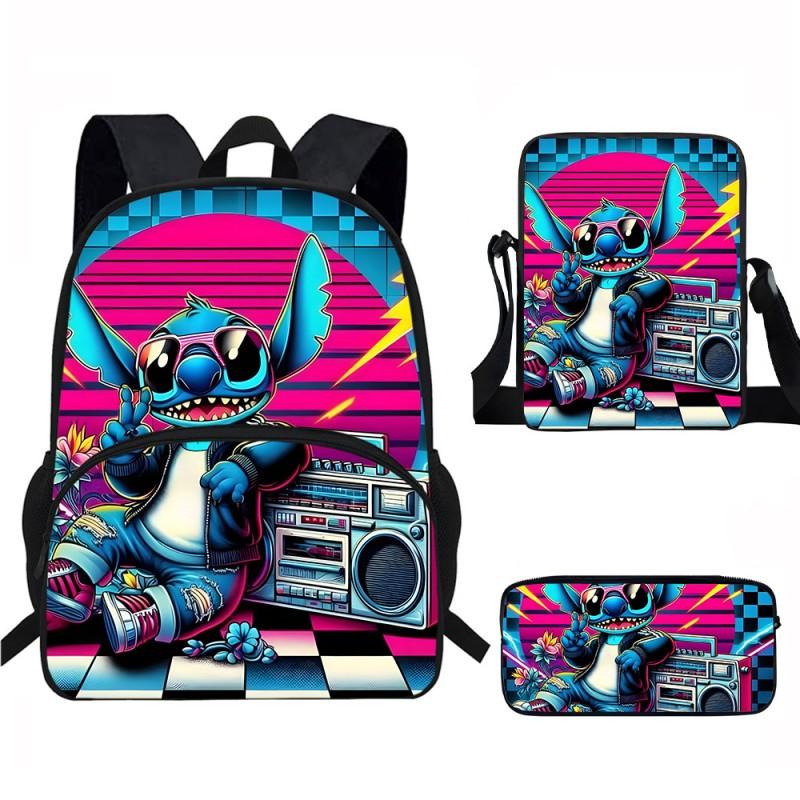 Stitch Kids School Backpack Set Elementary Students Oxford Fabric Ergonomic Design Printed Cartoon 3-Piece Bundle