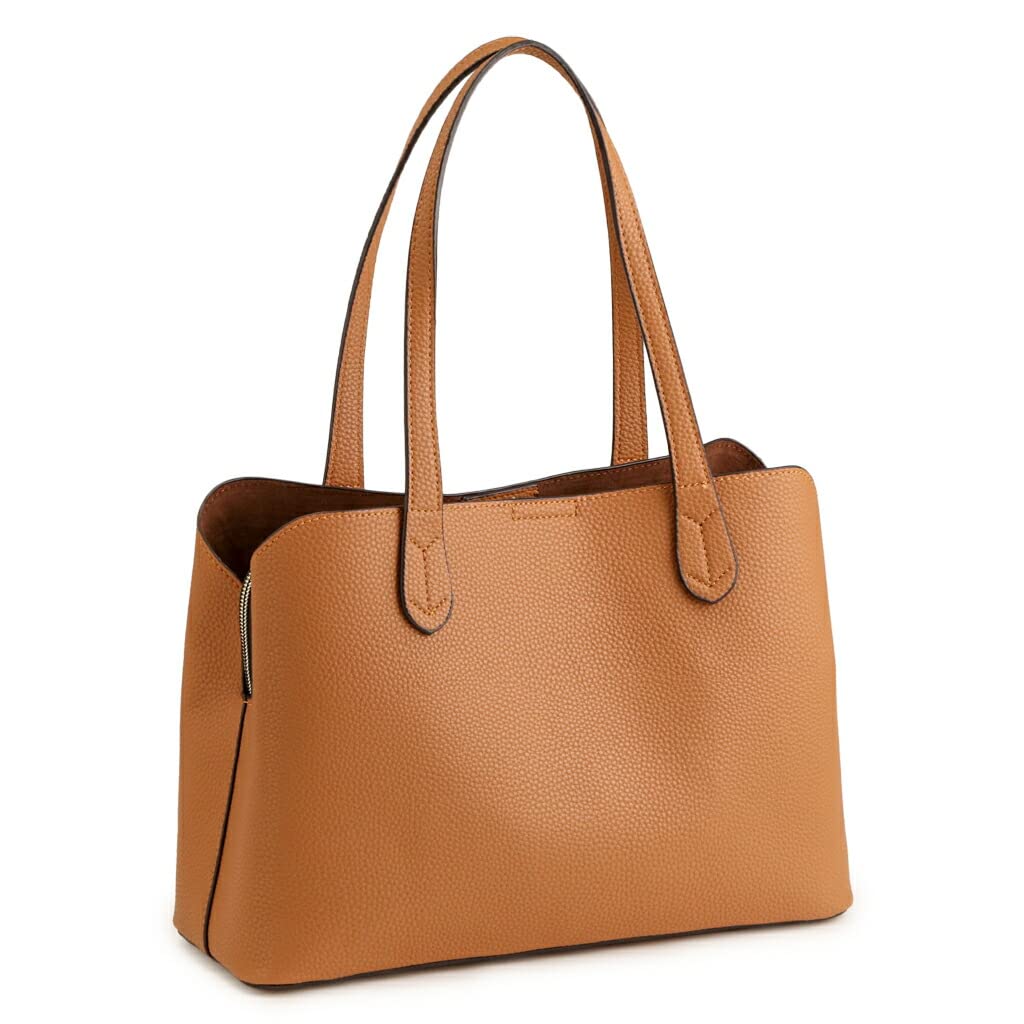 Pragma Lightweight Faux Leather Tote Bag, Adult, Simple, Elegant, Cute, Soft, Shrink-Wrapped, Small... (Camel)