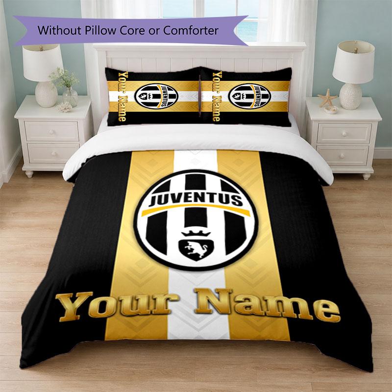 Juventus FC Custom Name Text Bedding Set 1 Duvet Cover+2 Pillowcases Soccer Logo Personalized Gift For Special Occasion Bedroom Decor
