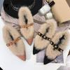 Fashion Pointy Toe Fur Shoes Woman 2024 Autumn Winter Korean All-match Flock Chunky Moccasins Studded Rivets Warm Plush Mary Jeans Shoes