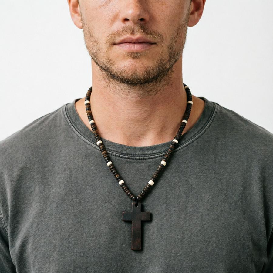 Noter Vintage Wooden Cross Pendant Necklace For Men Handmade Brown Wood Beaded Chain Catholic Christian Religious Jewelry Gift