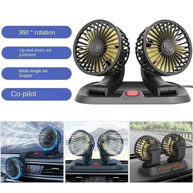Car Plug Dual-Head Car Fan with Parking Numbers, Universal 5V/USB/12V/24V, Double-Head Rotatable Multi-Functional 2-Speed Adjustable Car Cooling Fan