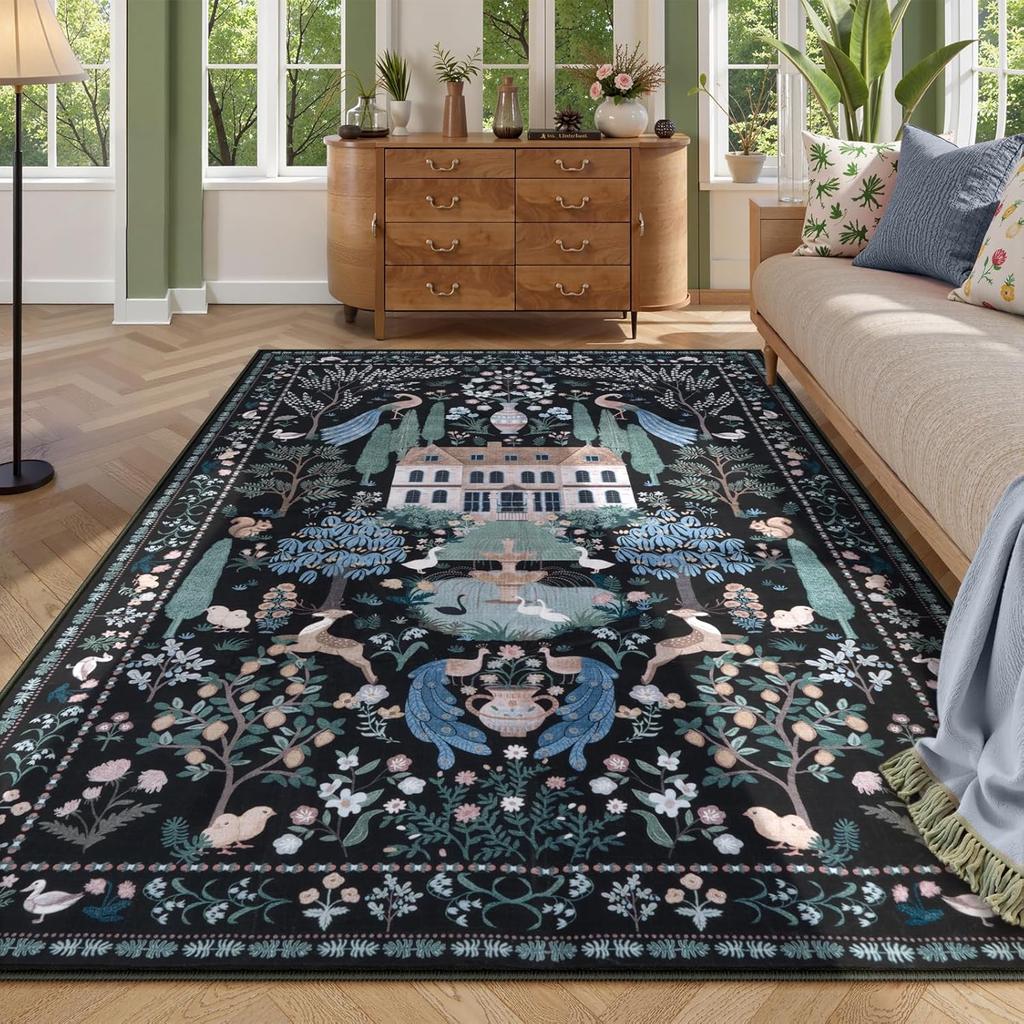 Botanical Bird Print Area Rug – Fresh Nature-Inspired Living Room Carpet, Non-Slip Stain Resistant Easy-Care Bedroom Bedside