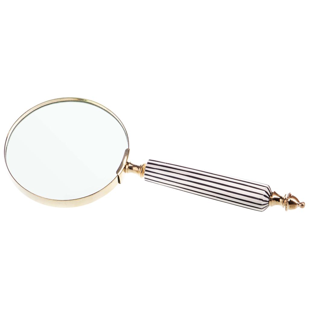 Magnifying glass handle decorated with black and white stripes