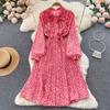 Retro Floral Print Pleated Elegant Puff Sleeve Dress Chiffon Butterfly Beach Vacation Party Dress Women Summer Spring Vestidos
