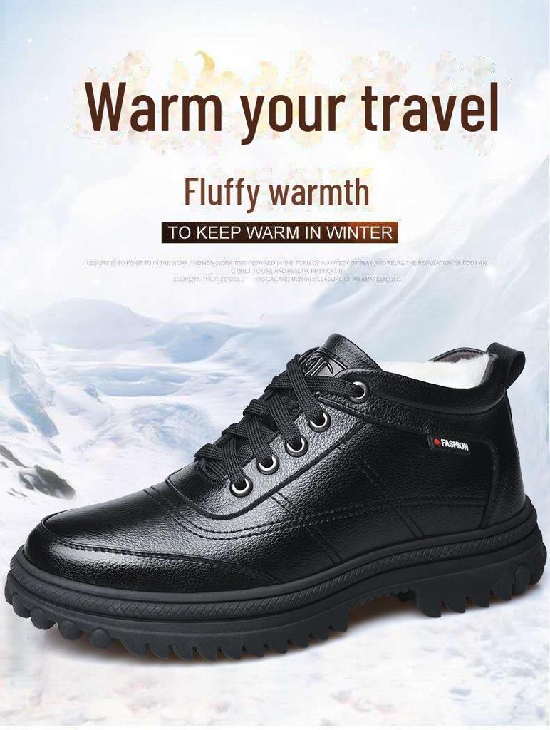 Men's Winter Velvet-Lined Leather Snow Boots - Warm, Thick, Casual Dad Shoes