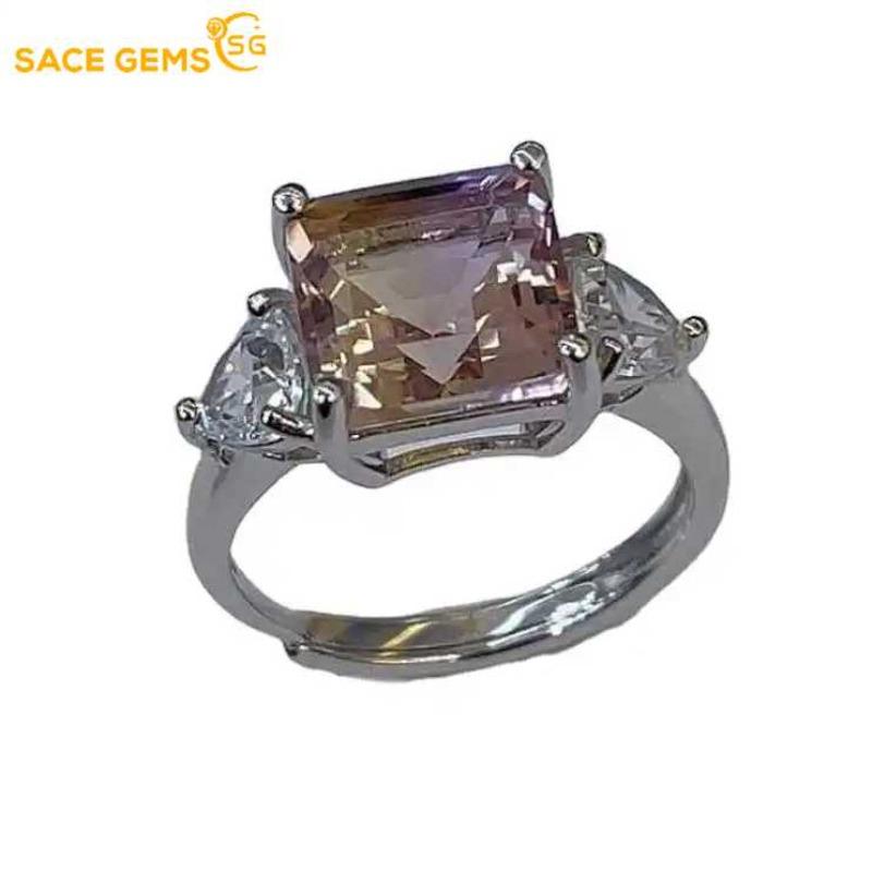 SACEGEMS 9*9MM Natual Ametrine Rings for Women 925Sterling Silver Wedding Party Fine Jewelry Festival Gift