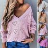 Women's Heart-shaped Hollow V-Neck Long Sleeve Pullover Blouse Knitted Sweater
