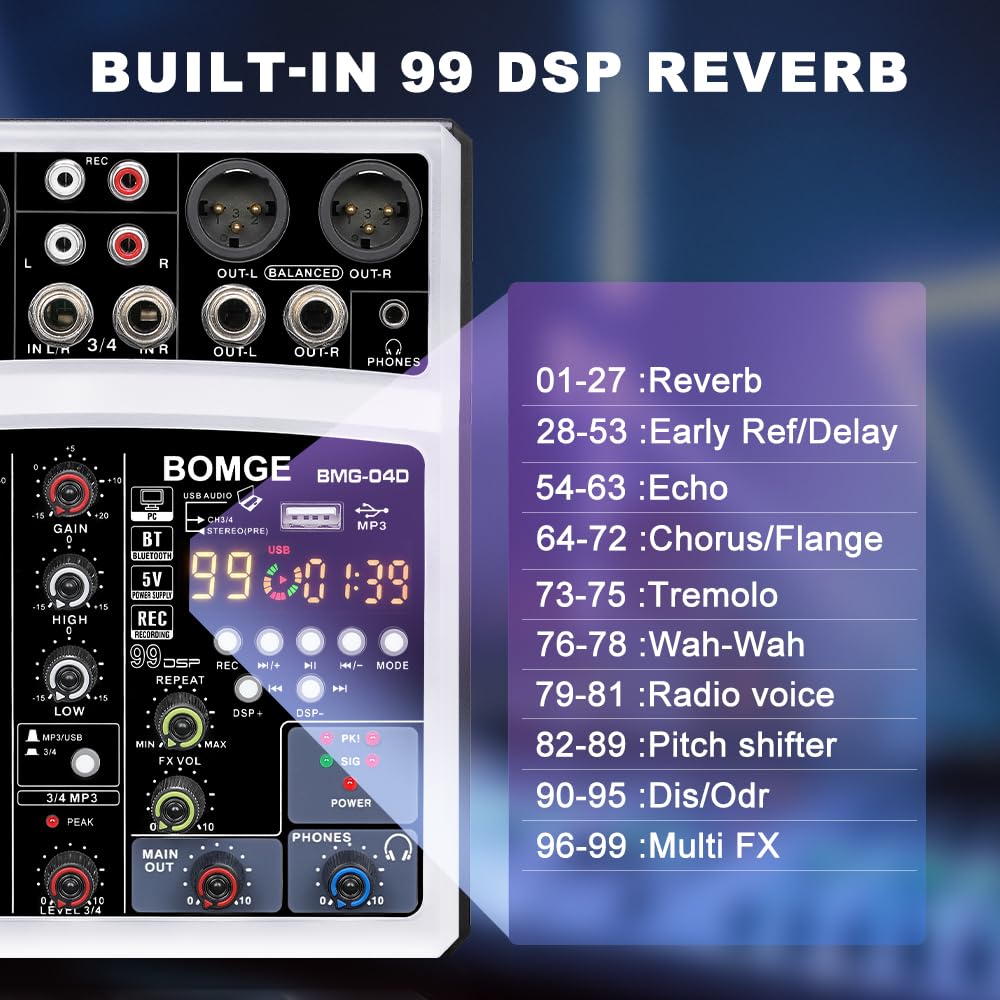 BOMGE 4-канальный аудиомикшер DJ с 99 DSP, микшерная консоль для караоке, MP3, USB, Bluetooth, стереорекордер, фантомное питание 48 В, питание 5 В (белый)