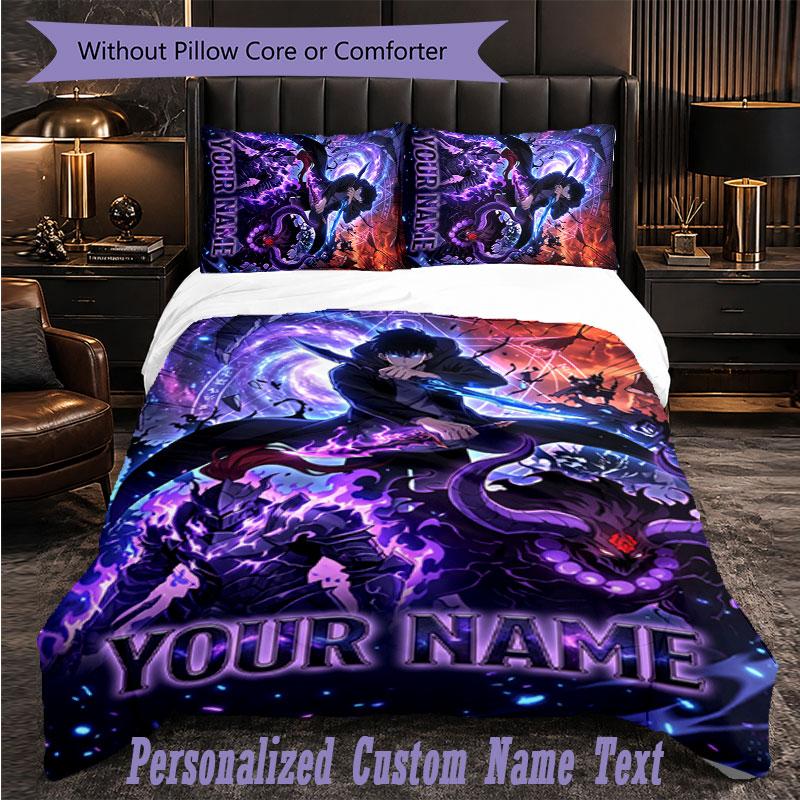 Personalized 3Pcs Bedding SetSolo Leveling Custom Text Duvet Cover Pillowcase Set Bedroom Gift