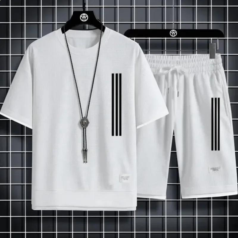 Adida Новые мужские спортивные костюмы 2 шт. Костюмы с коротким рукавом с принтом Футболка + спортивные штаны Комплекты Sutdent Повседневная летняя спортивная одежда